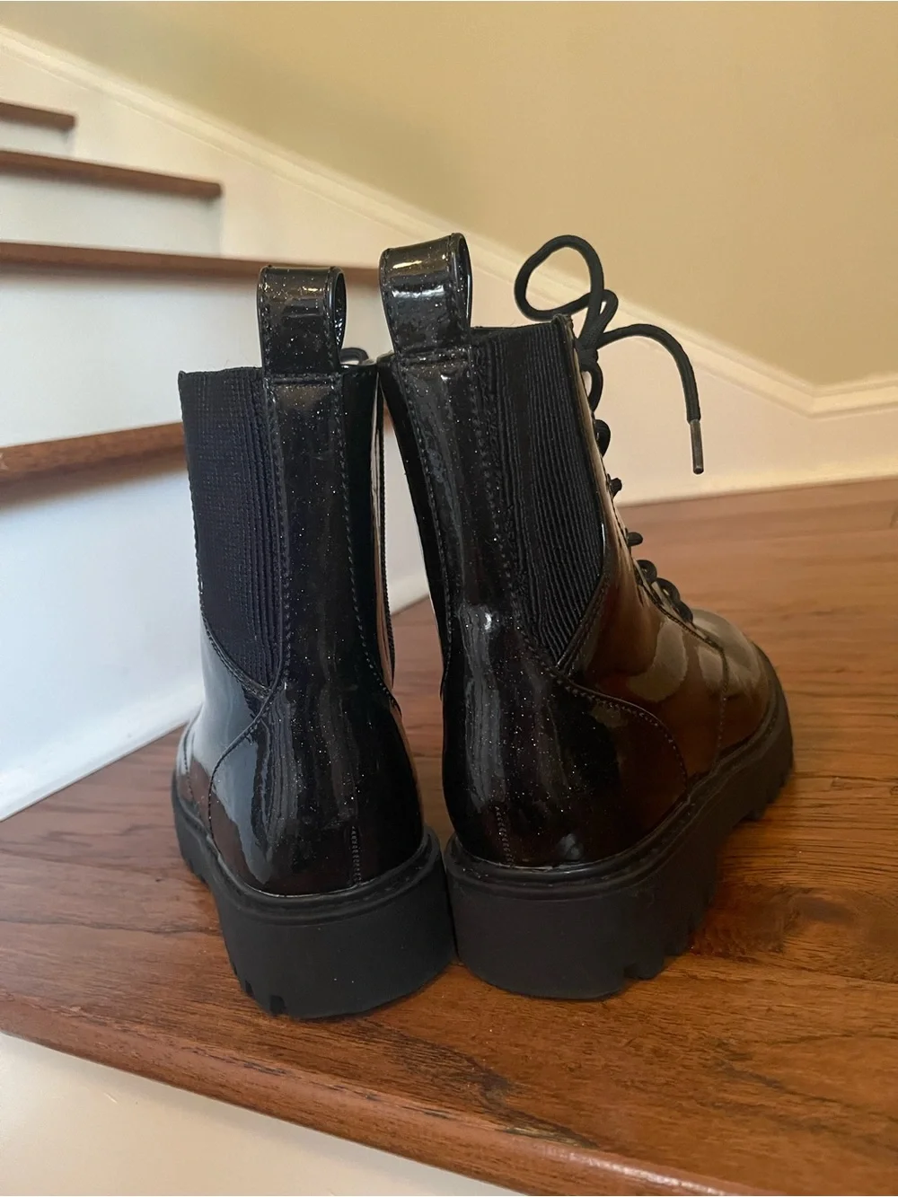 Black & Glitter Side Zipper and Working Front Lace-Up Girls Combat Boots Size 3